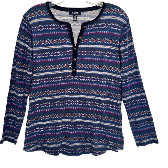 Chaps Fair Isle Henley Thermal Top Womens Size 1X Blue Cotton Tribal Classic Tee - Picture 2 of 9